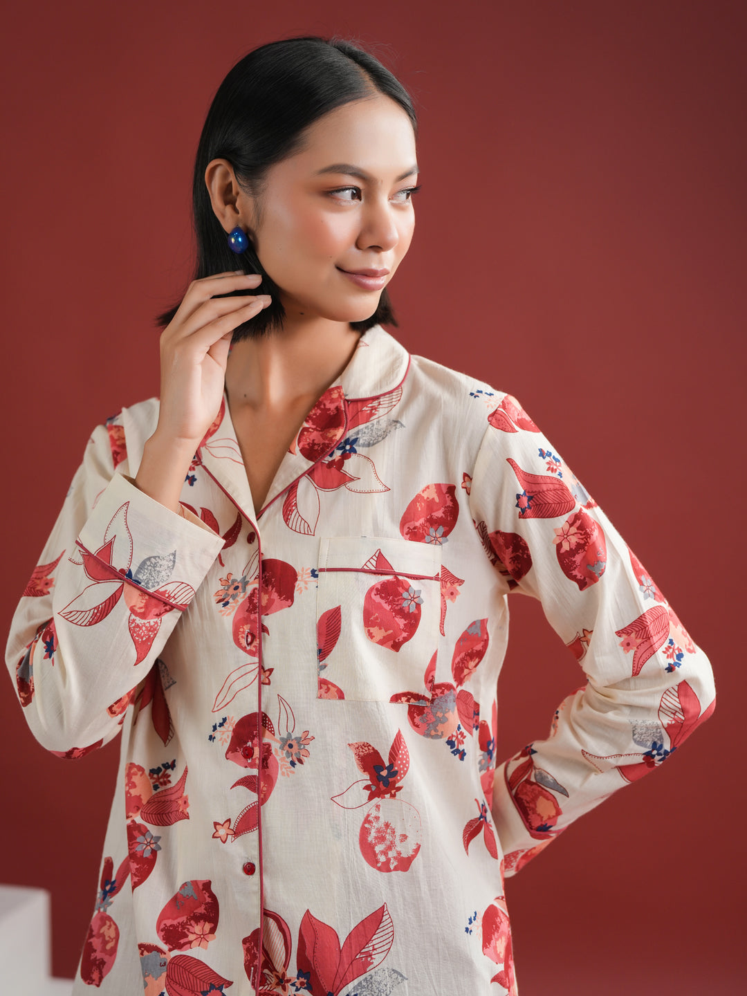 White Floral Printed Cotton Night Suit Set