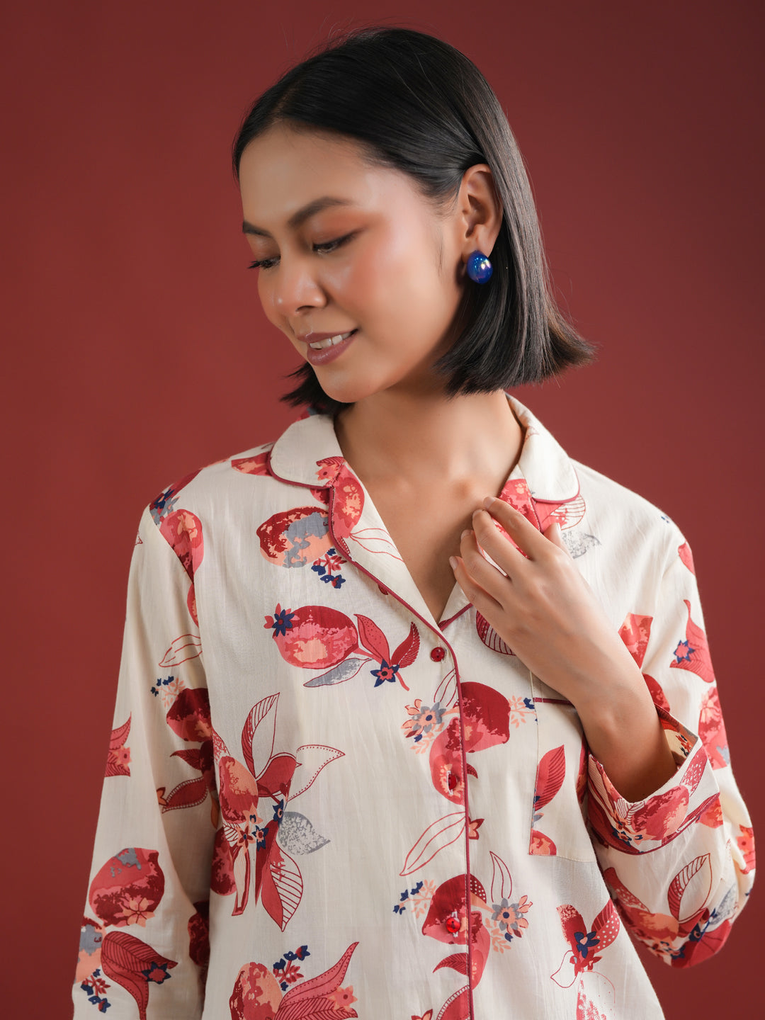 White Floral Printed Cotton Night Suit Set