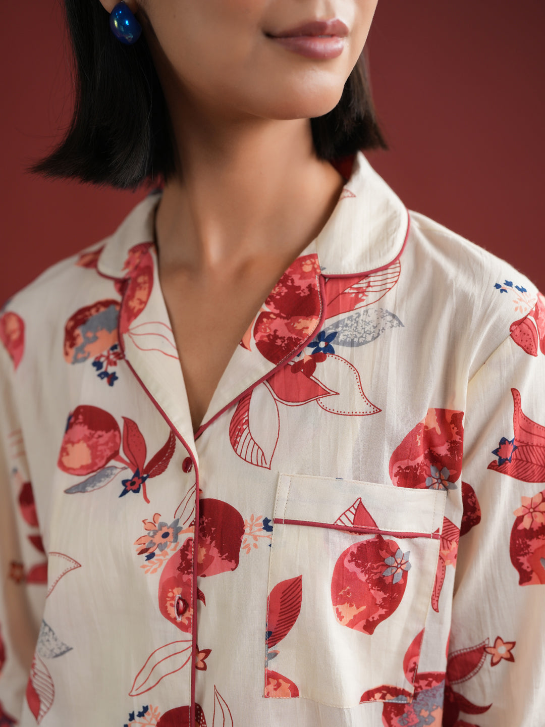 White Floral Printed Cotton Night Suit Set