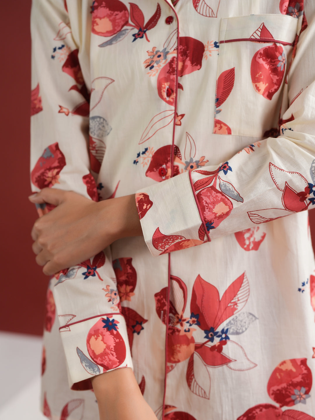 White Floral Printed Cotton Night Suit Set