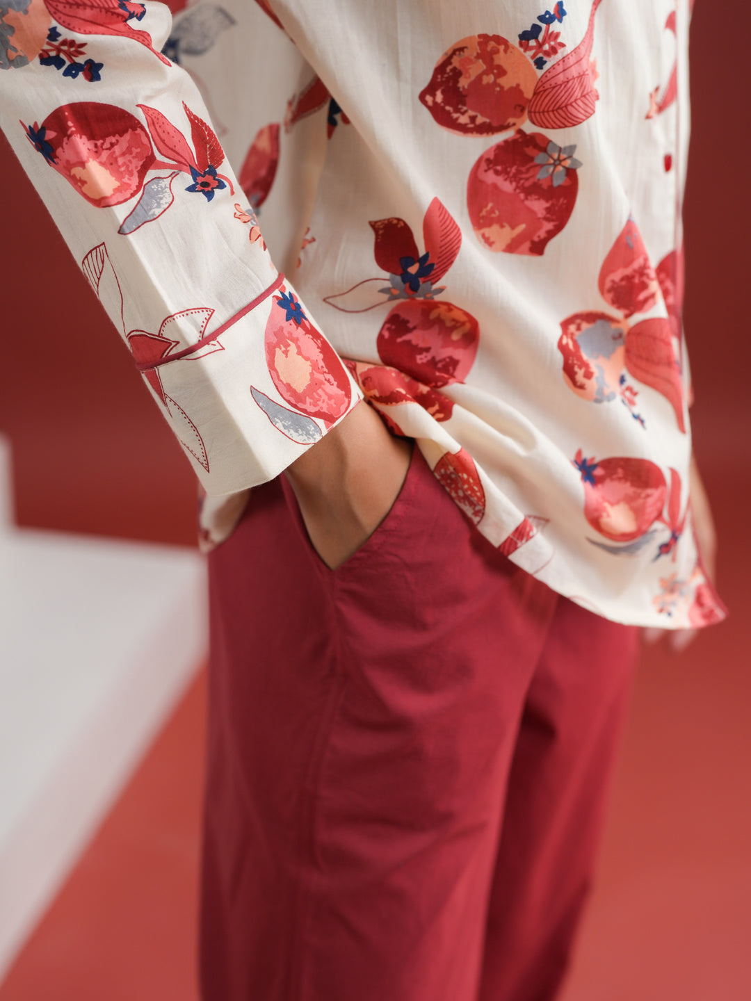White Floral Printed Cotton Night Suit Set