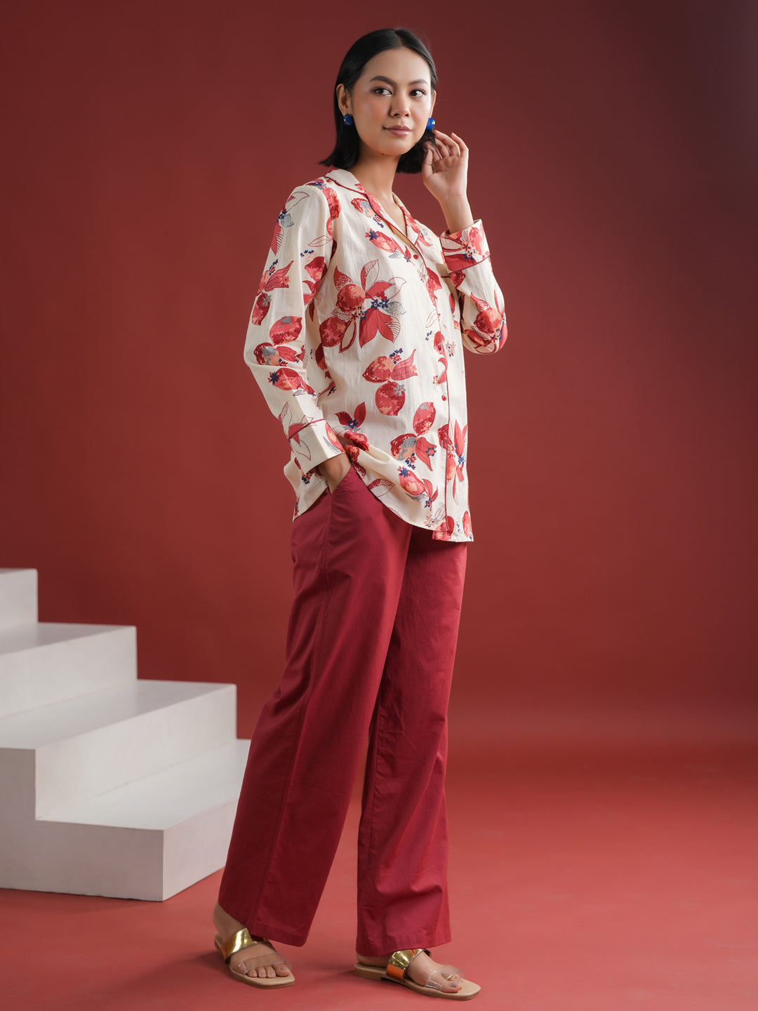 White Floral Printed Cotton Night Suit Set