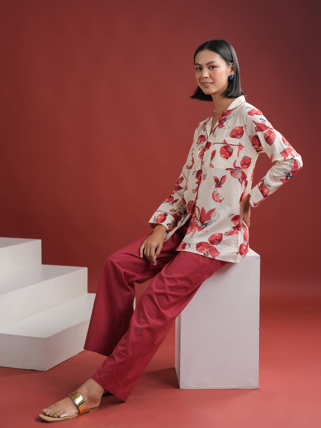 White Floral Printed Cotton Night Suit Set