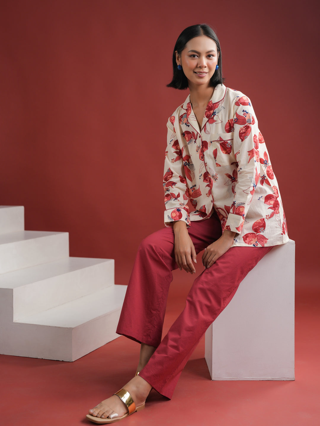 White Floral Printed Cotton Night Suit Set
