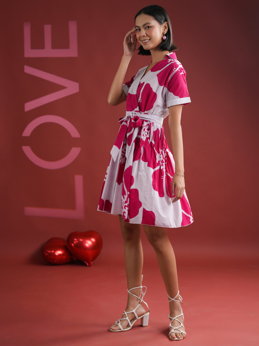 Pink Floral Printed V-Neck Dress