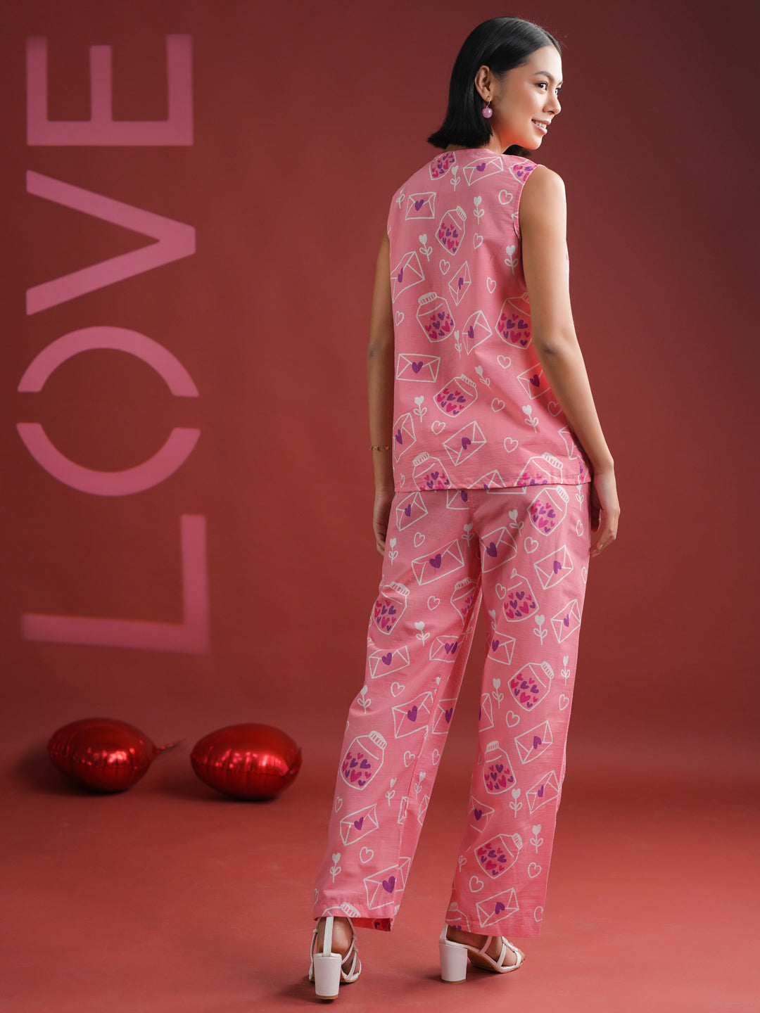 Pink V-Neck Printed Cotton Night Suit