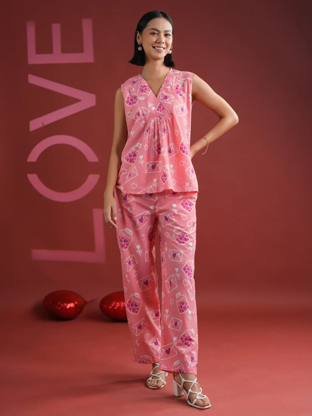 Pink V-Neck Printed Cotton Night Suit - SanskrutiHomes