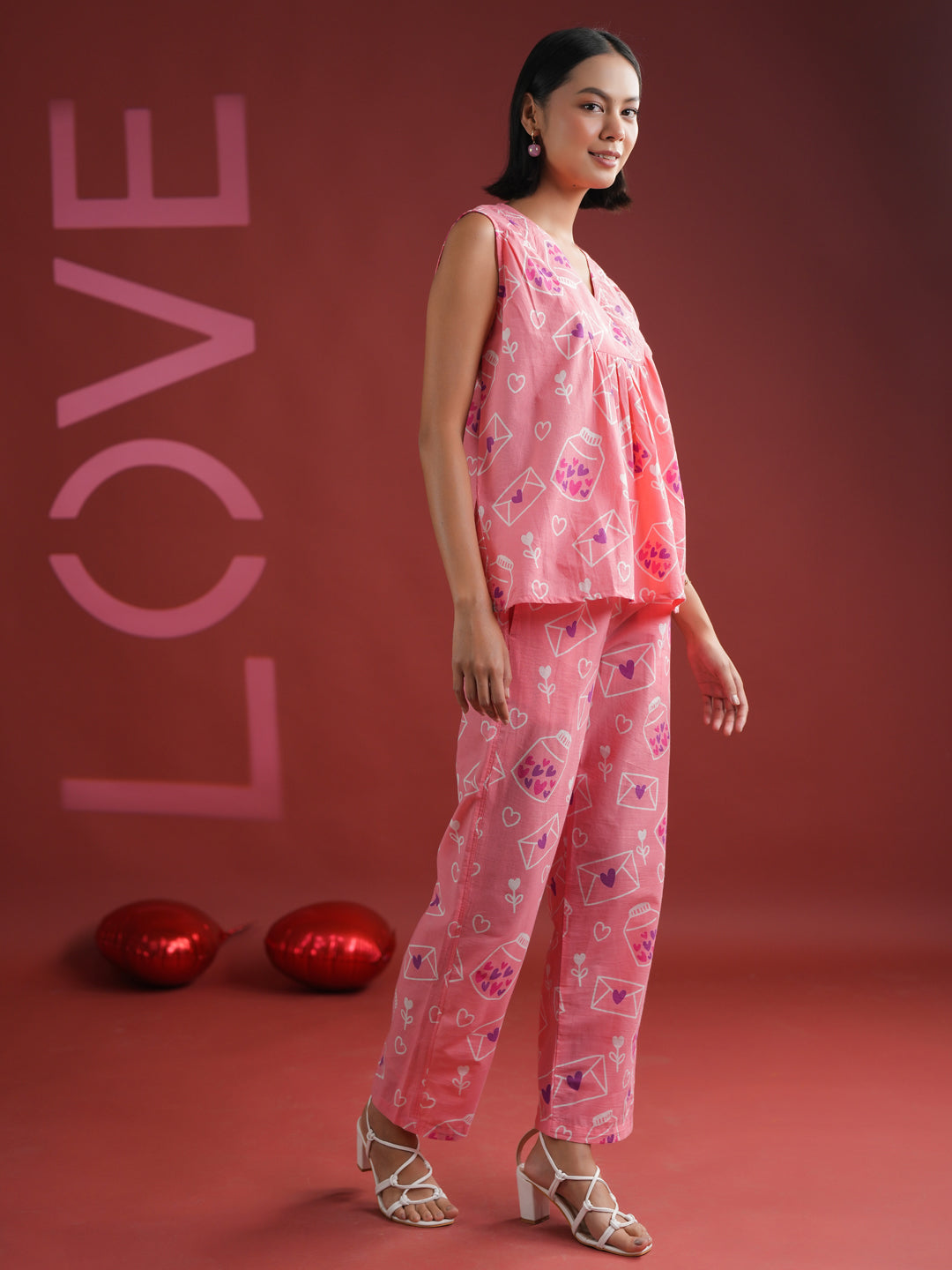 Pink V-Neck Printed Cotton Night Suit - SanskrutiHomes