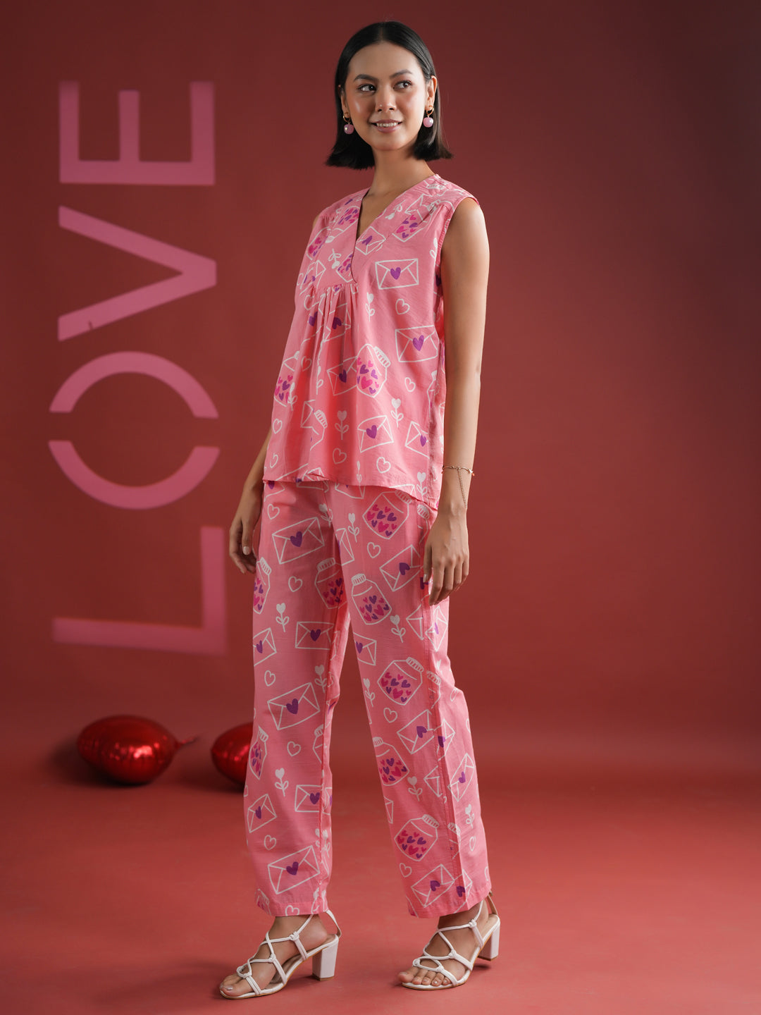 Pink V-Neck Printed Cotton Night Suit