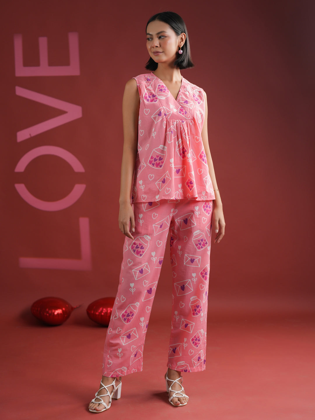 Pink V-Neck Printed Cotton Night Suit