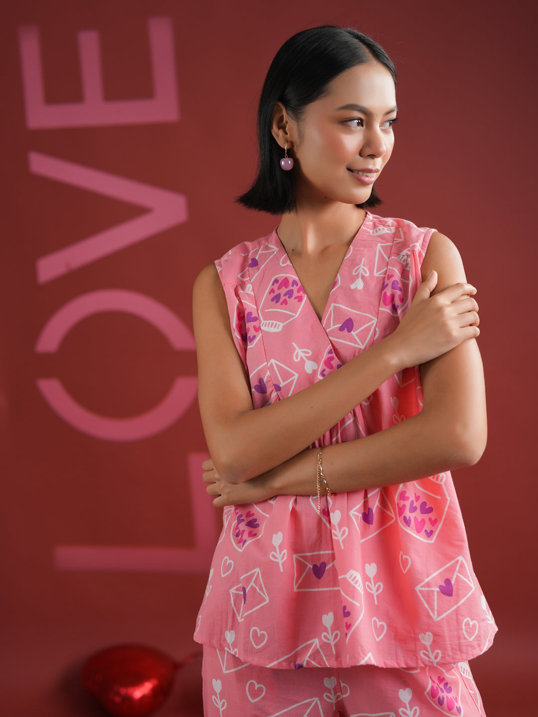 Pink V-Neck Printed Cotton Night Suit - SanskrutiHomes