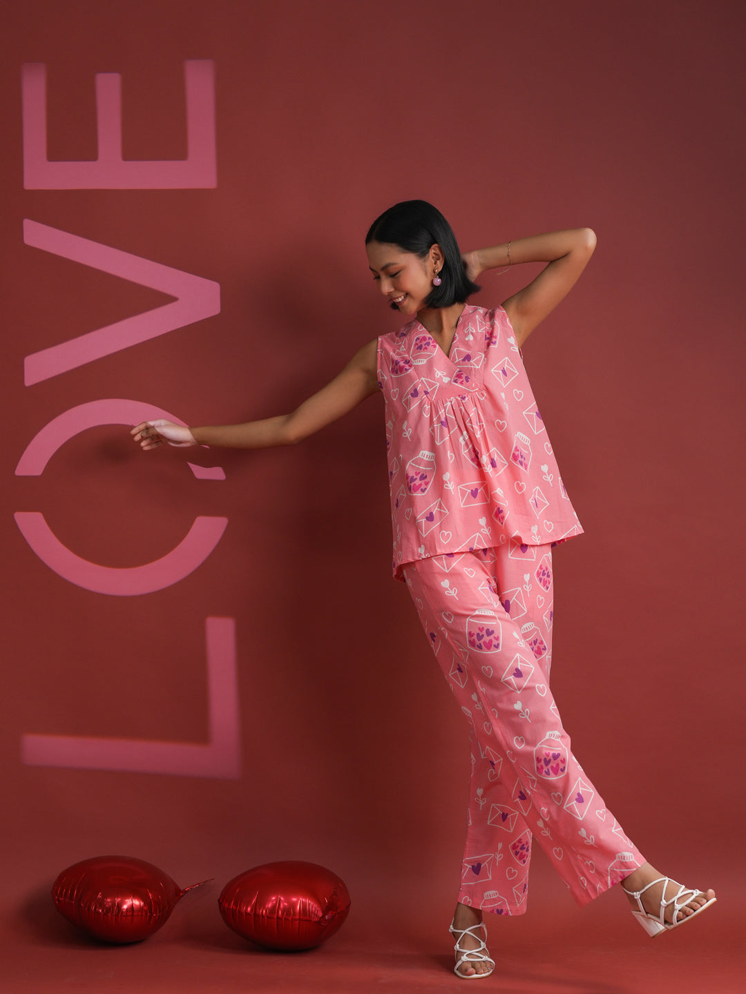 Pink V-Neck Printed Cotton Night Suit - SanskrutiHomes