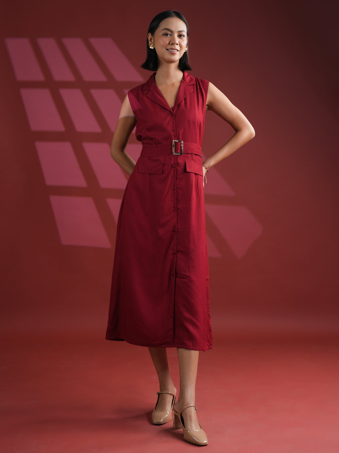 Red Solid Print Dress for Women - SanskrutiHomes