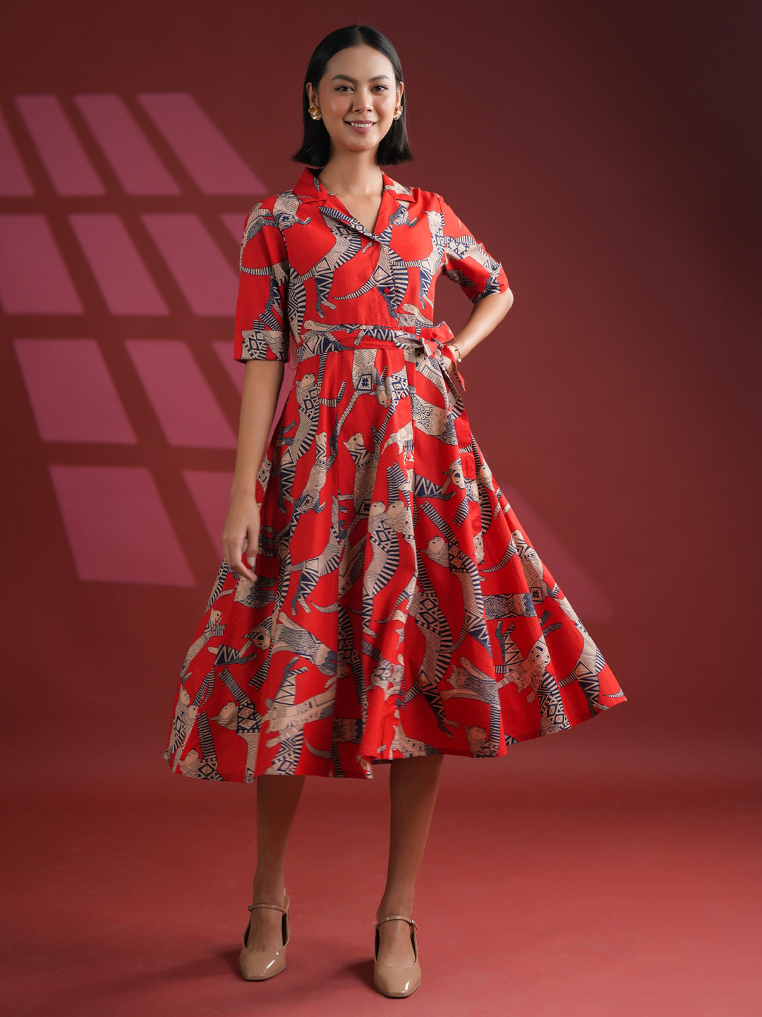 Women Cotton Red Animal Print Dress