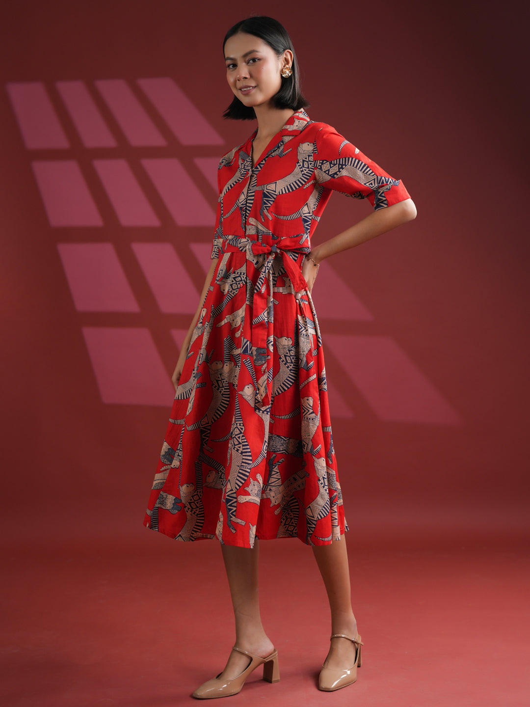 Women Cotton Red Animal Print Dress