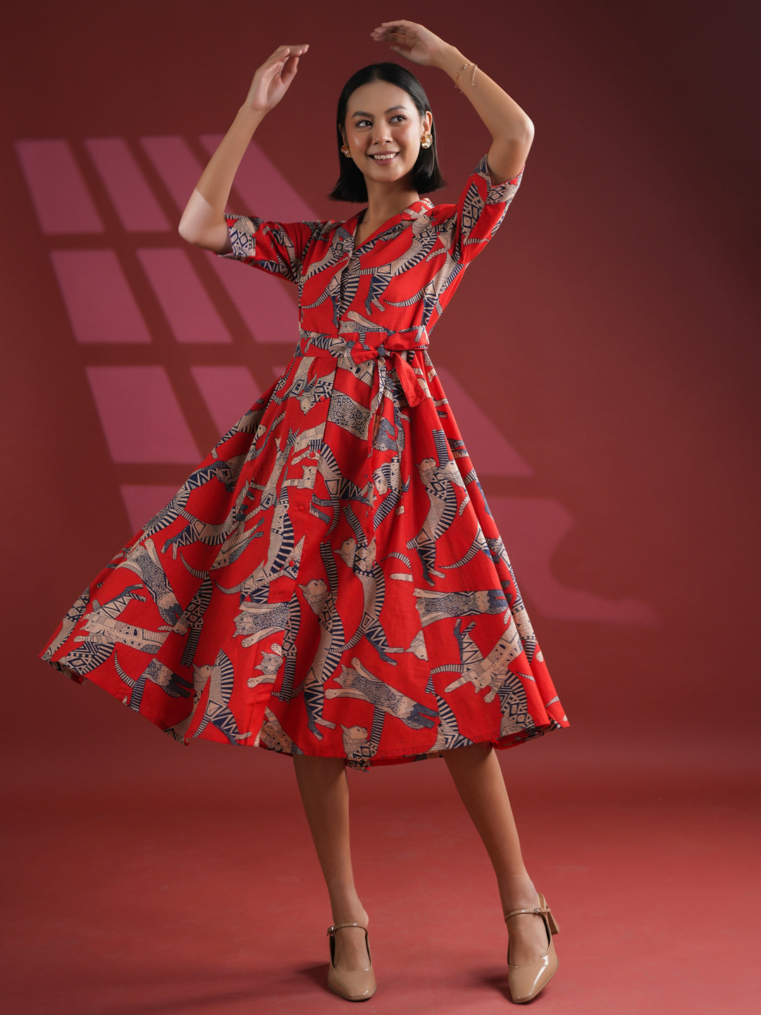 Women Cotton Red Animal Print Dress