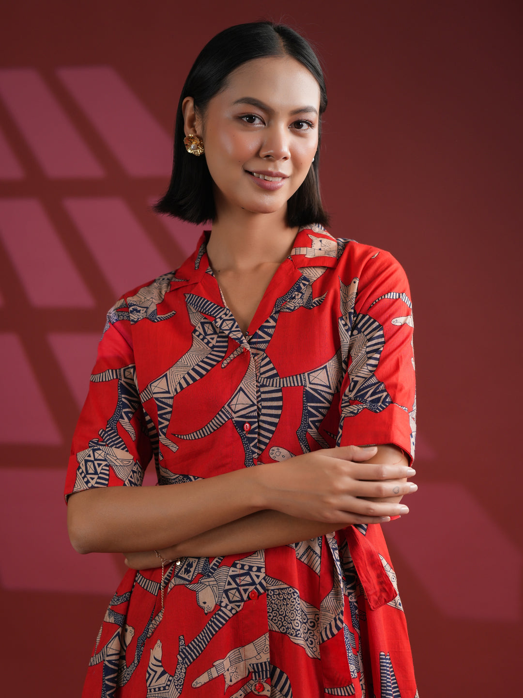 Women Cotton Red Animal Print Dress