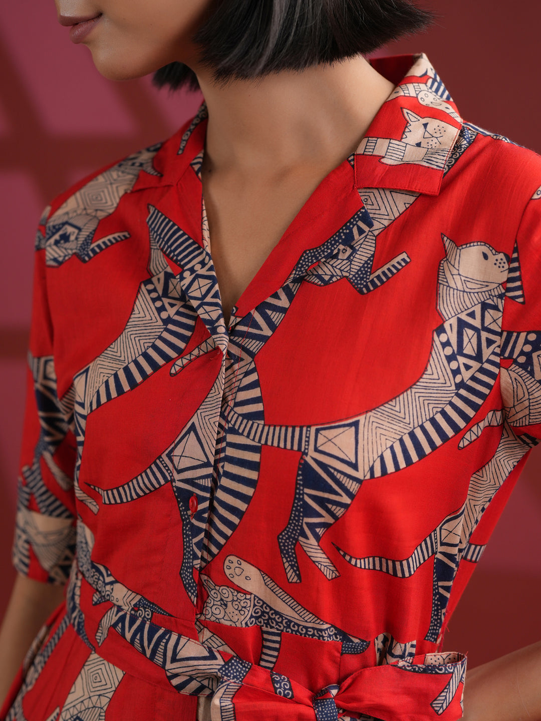 Women Cotton Red Animal Print Dress