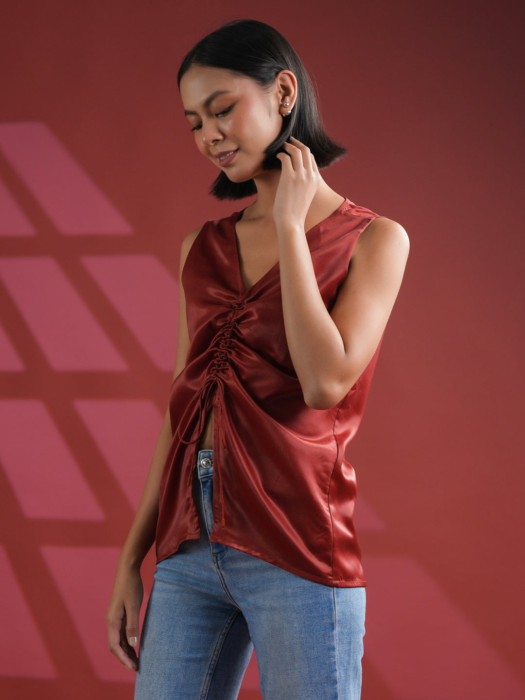 Red Solid Print Satin Top For Women