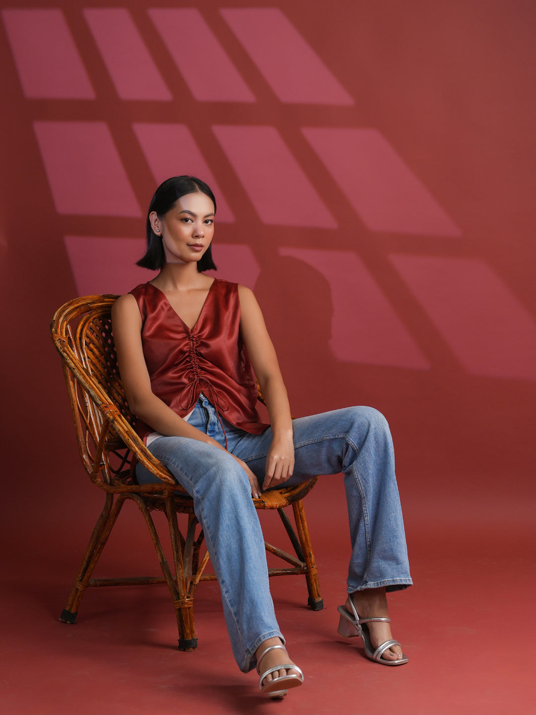 Red Solid Print Satin Top For Women