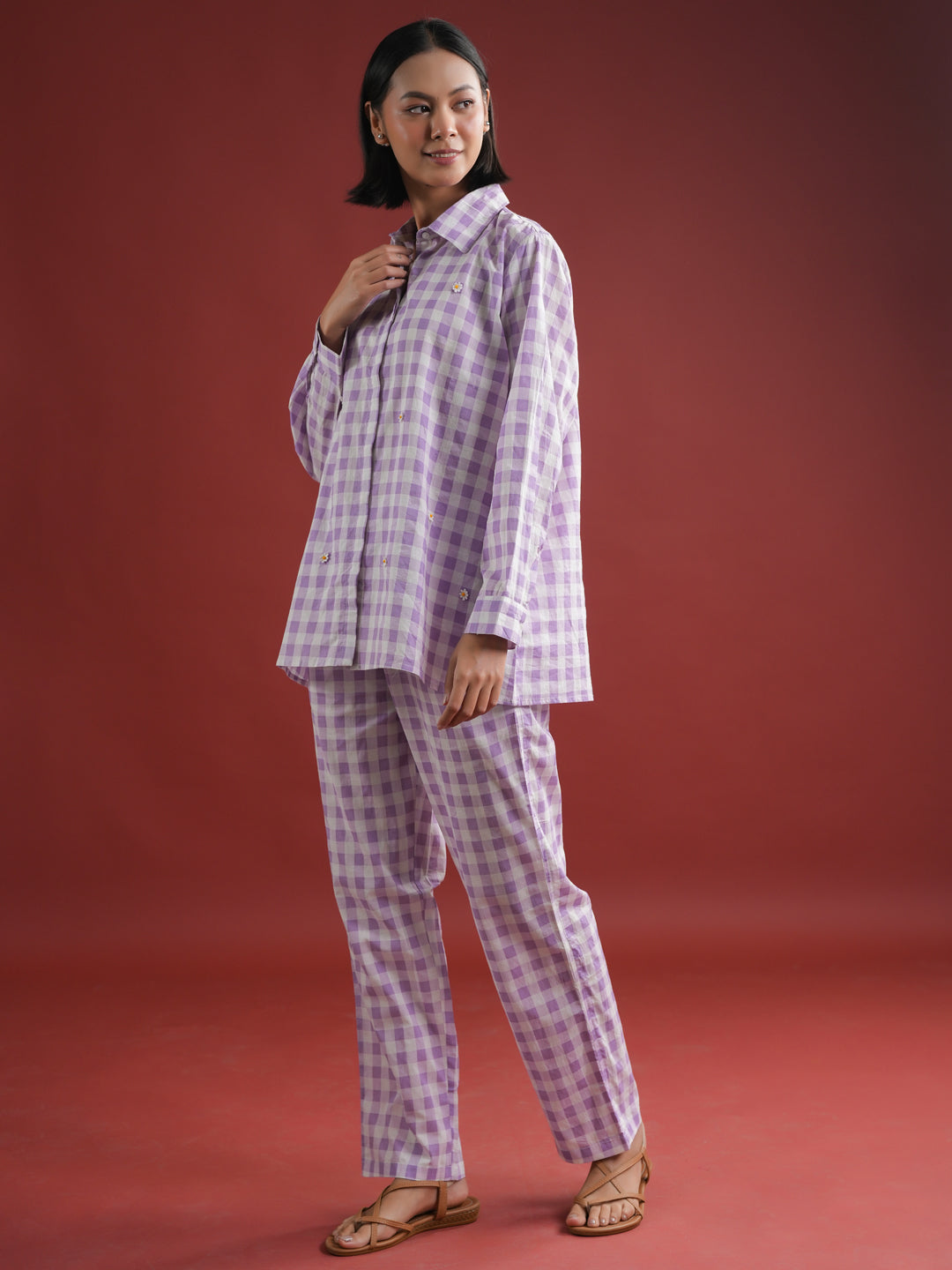 Purple Check Printed Cotton Co-ords Set