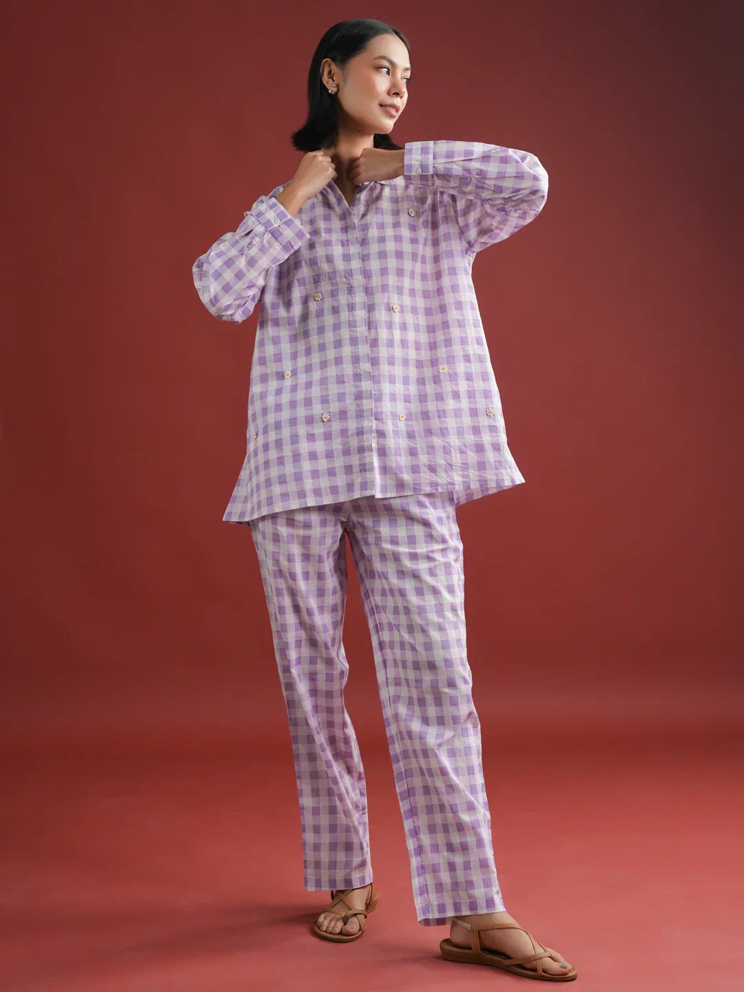 Purple Check Printed Cotton Co-ords Set - SanskrutiHomes