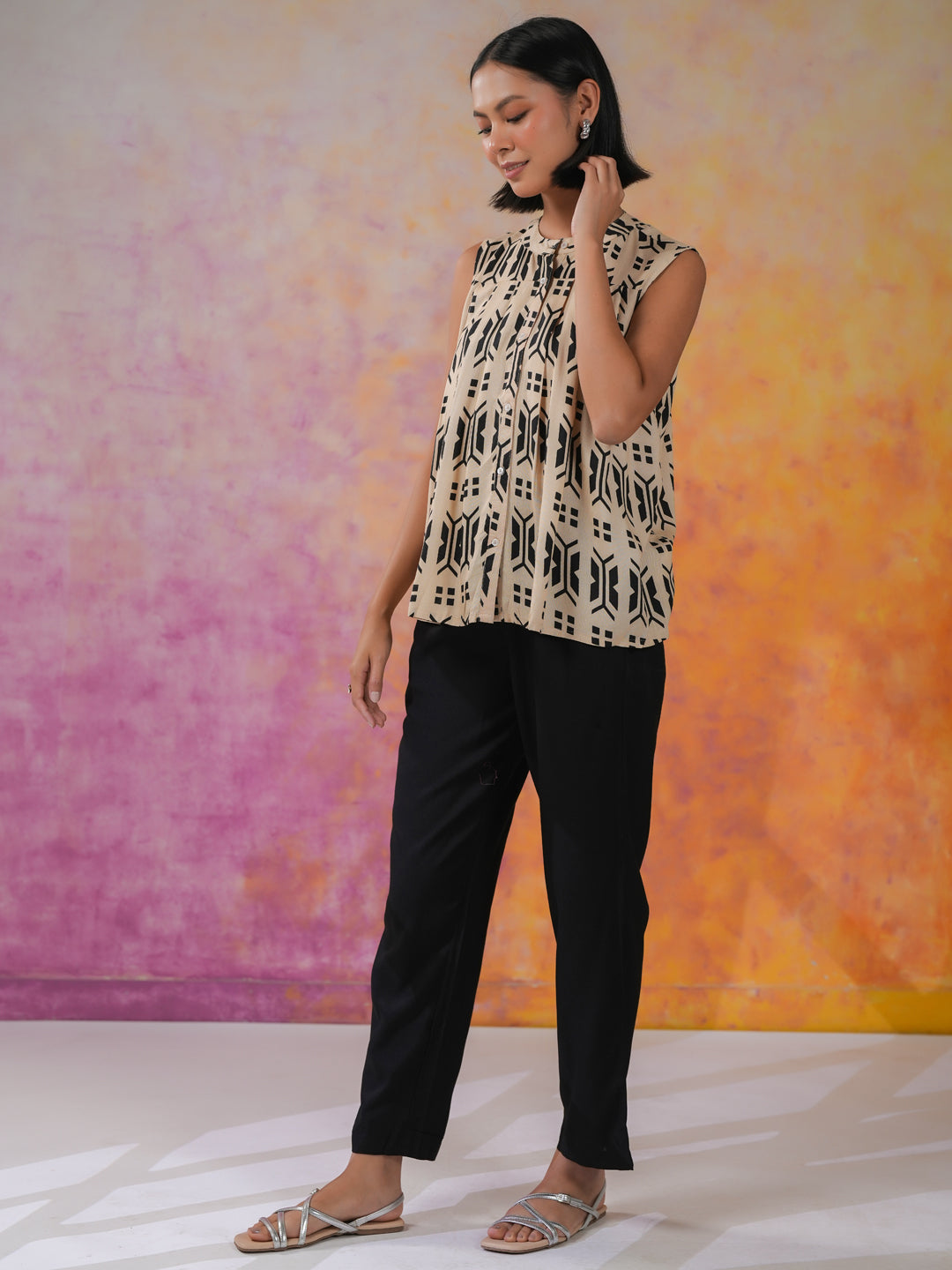 Black Geometric Print Round Neck Co-ords Set