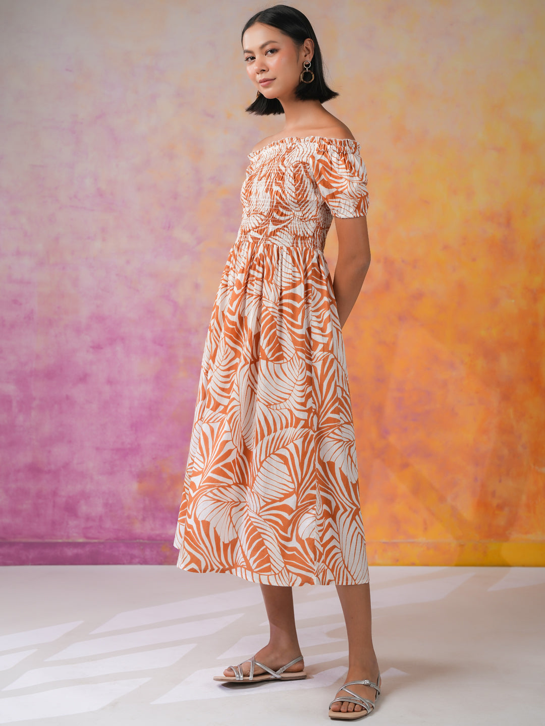 Orange Floral Printed Cotton Dress for Women