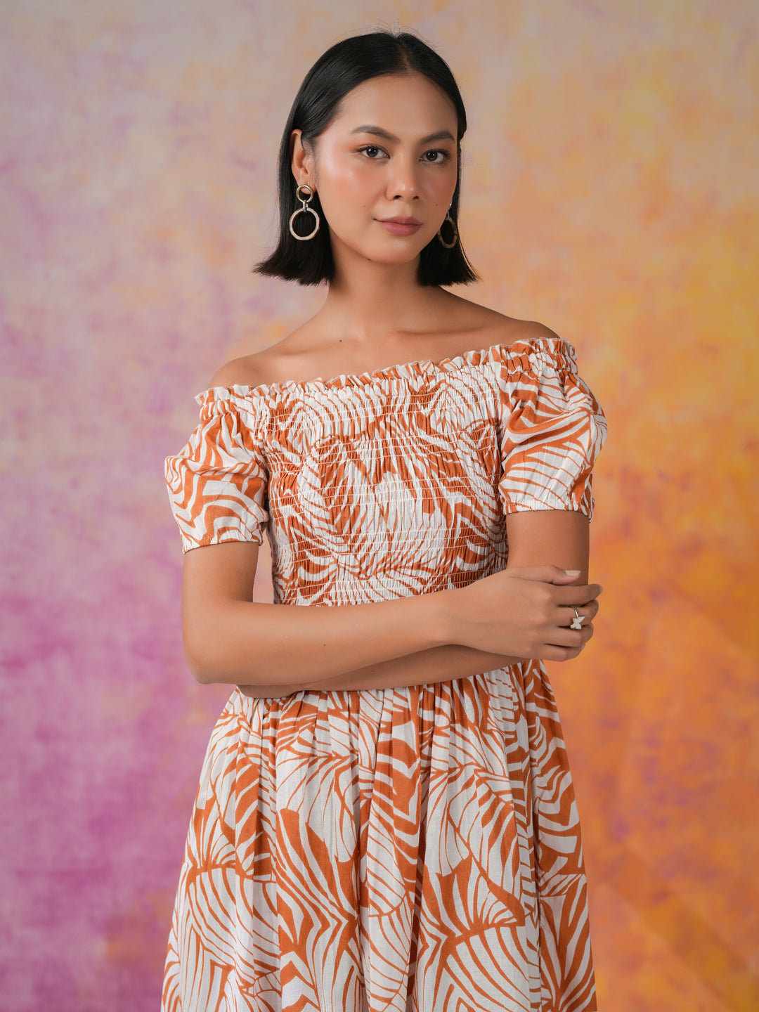 Orange Floral Printed Cotton Dress for Women