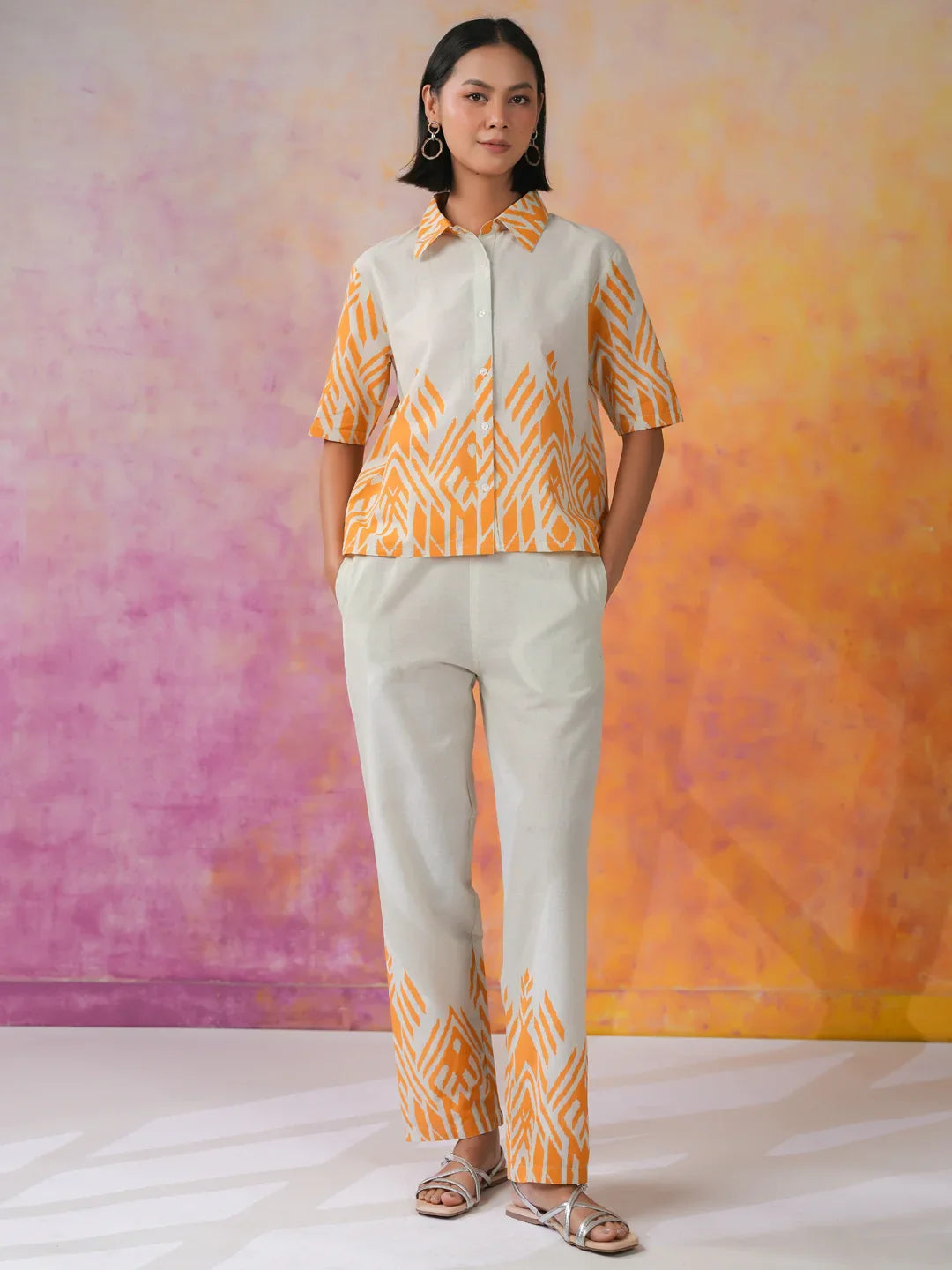 Orange Pure Cotton Co-ords Set for Women - SanskrutiHomes