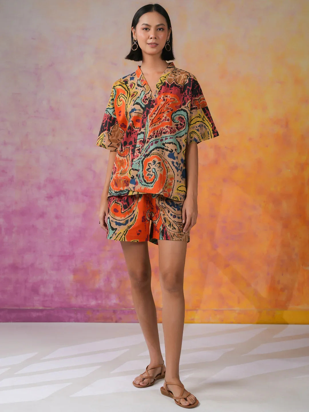 Orange Color Printed Co-ords Set for Women - SanskrutiHomes