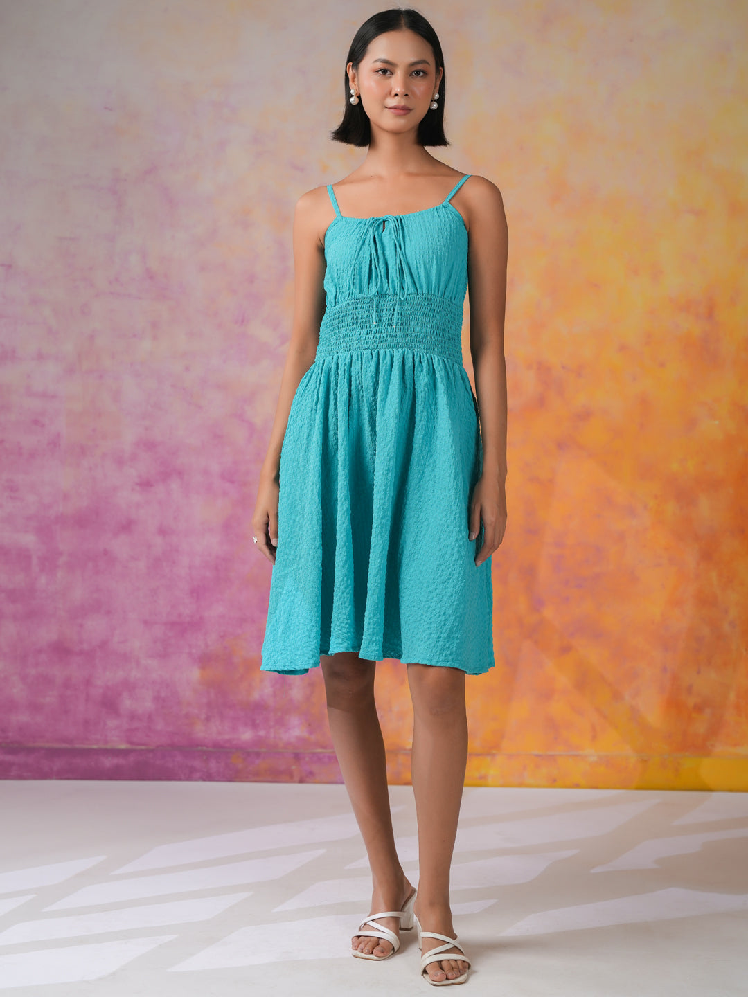 Blue Solid Polyester Dress for Women