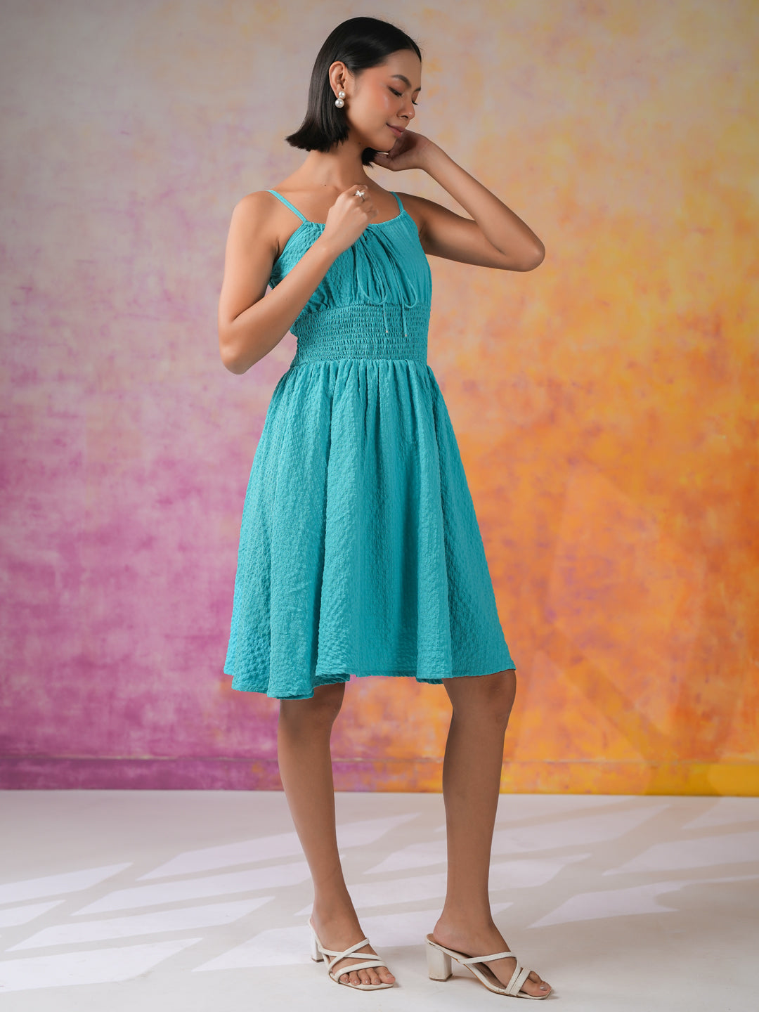 Blue Solid Polyester Dress for Women