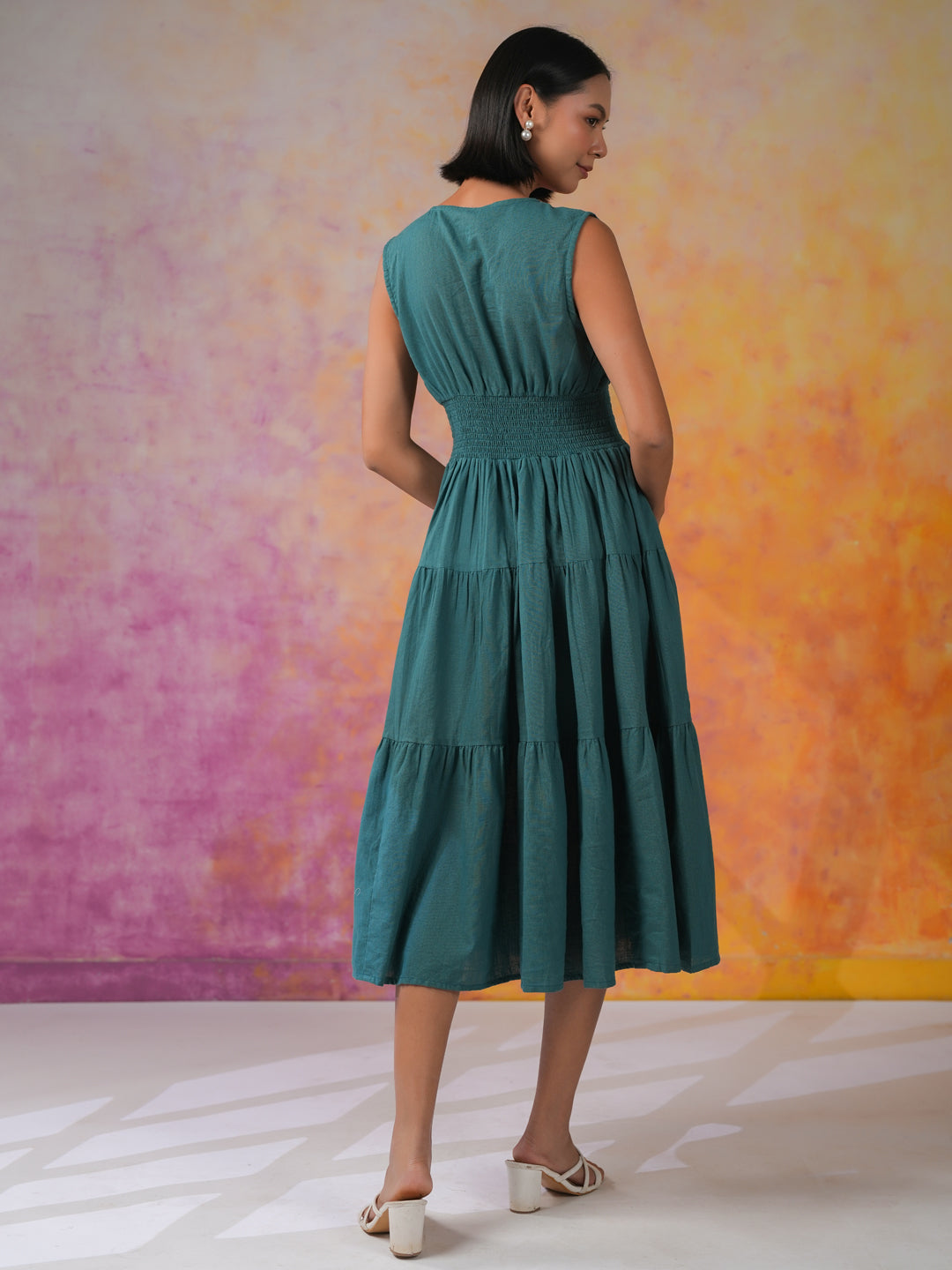 Sea Green Round Neck Solid Print Dress