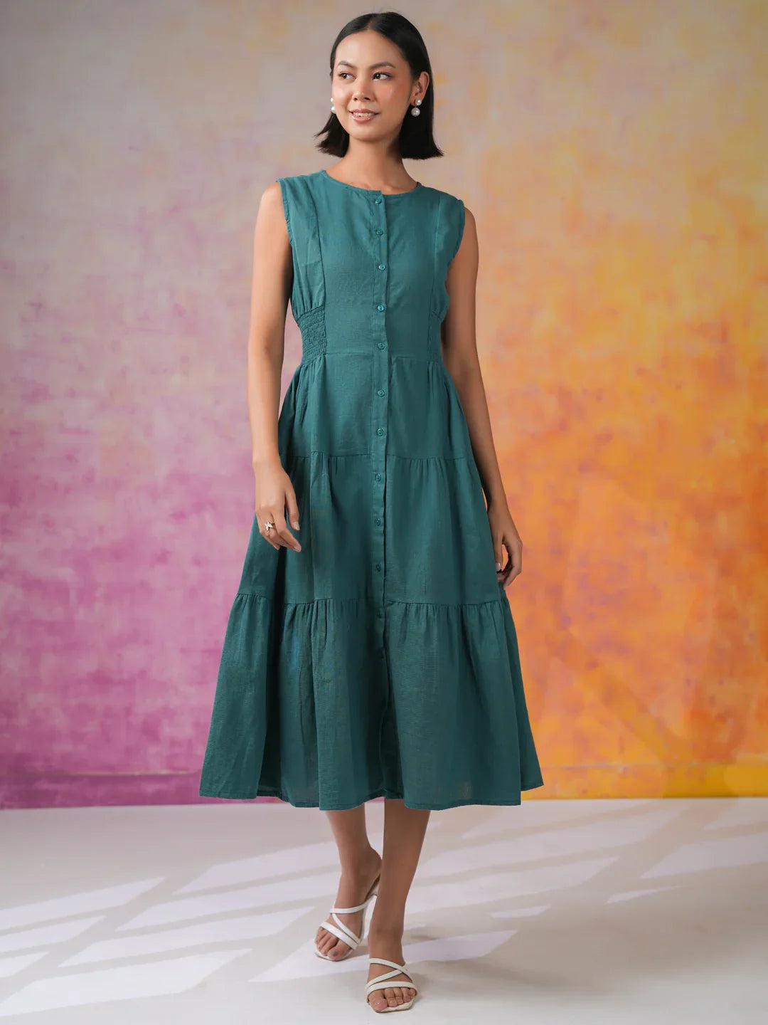 Sea Green Round Neck Solid Print Dress - SanskrutiHomes