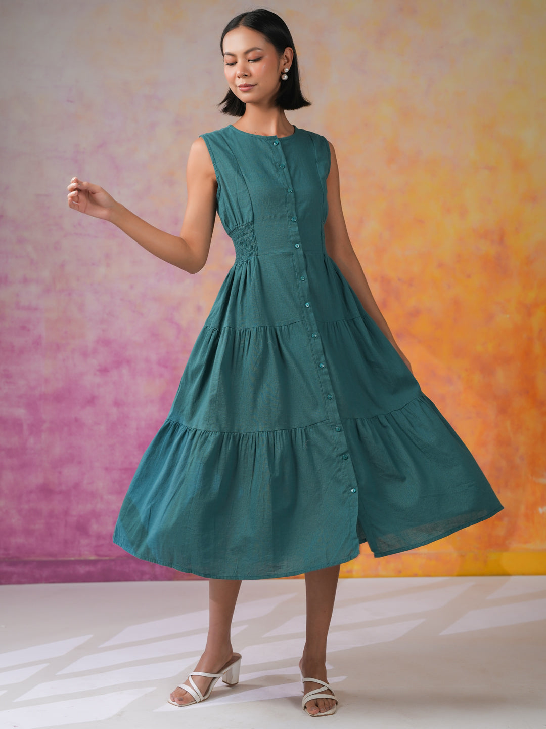 Sea Green Round Neck Solid Print Dress