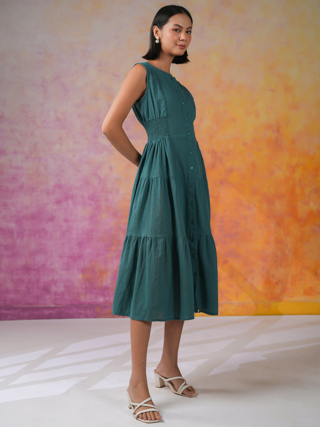 Sea Green Round Neck Solid Print Dress