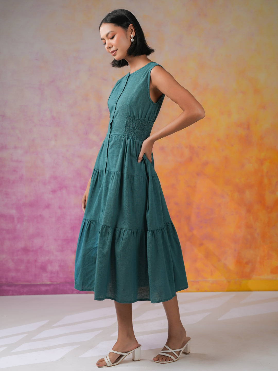 Sea Green Round Neck Solid Print Dress