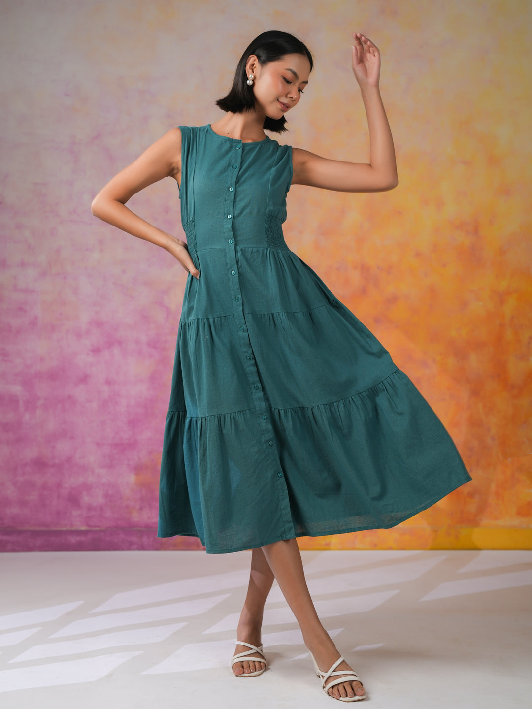 Sea Green Round Neck Solid Print Dress