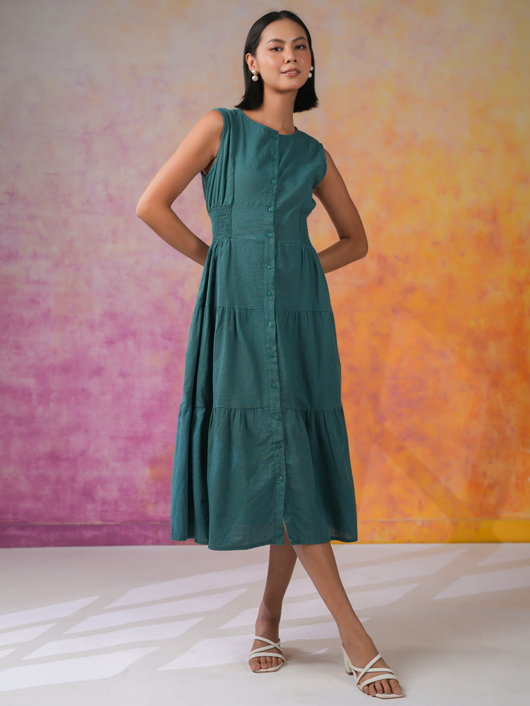 Sea Green Round Neck Solid Print Dress