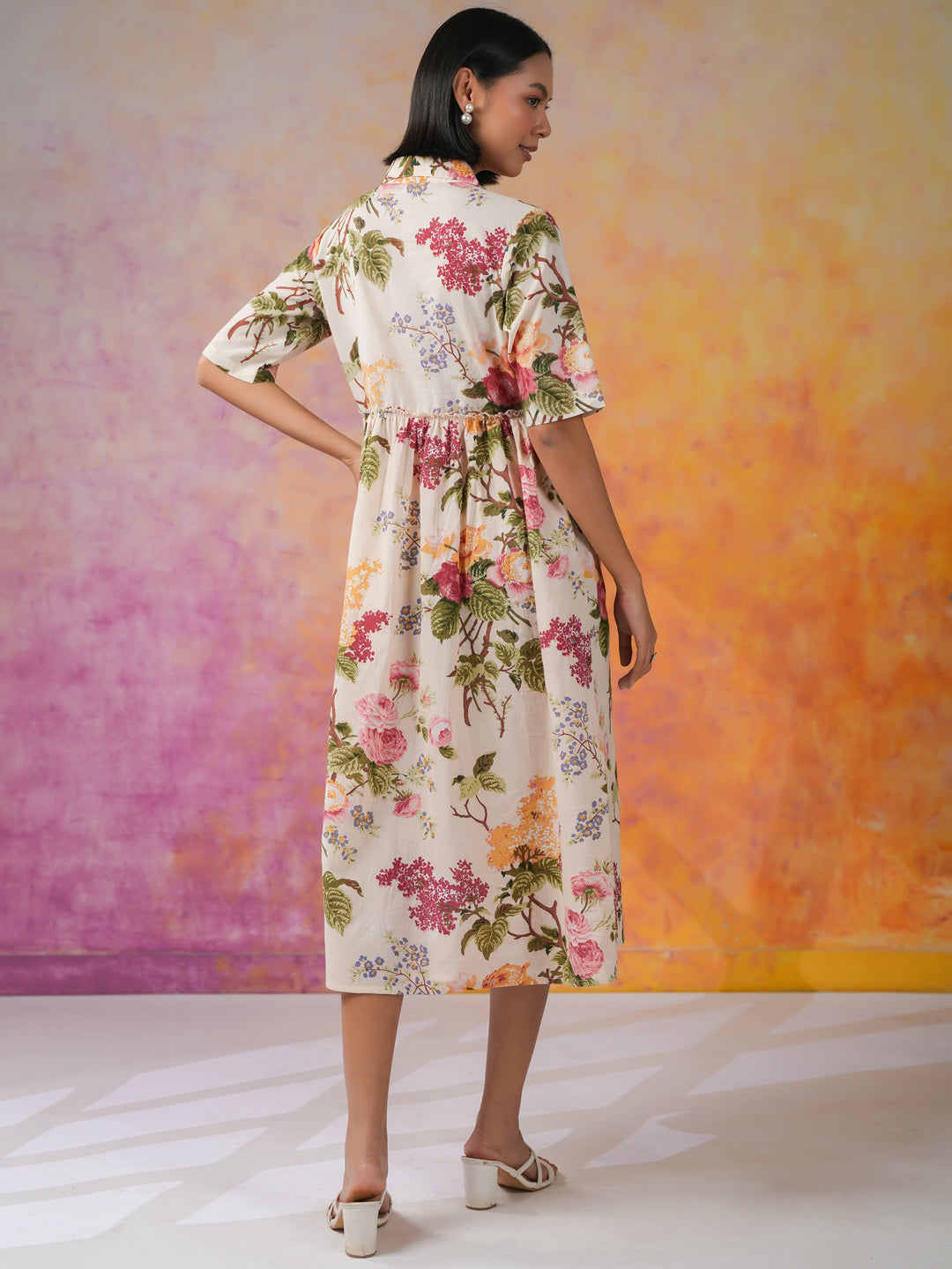 Off White Shirt Collar Floral Print Dress for Women - SanskrutiHomes
