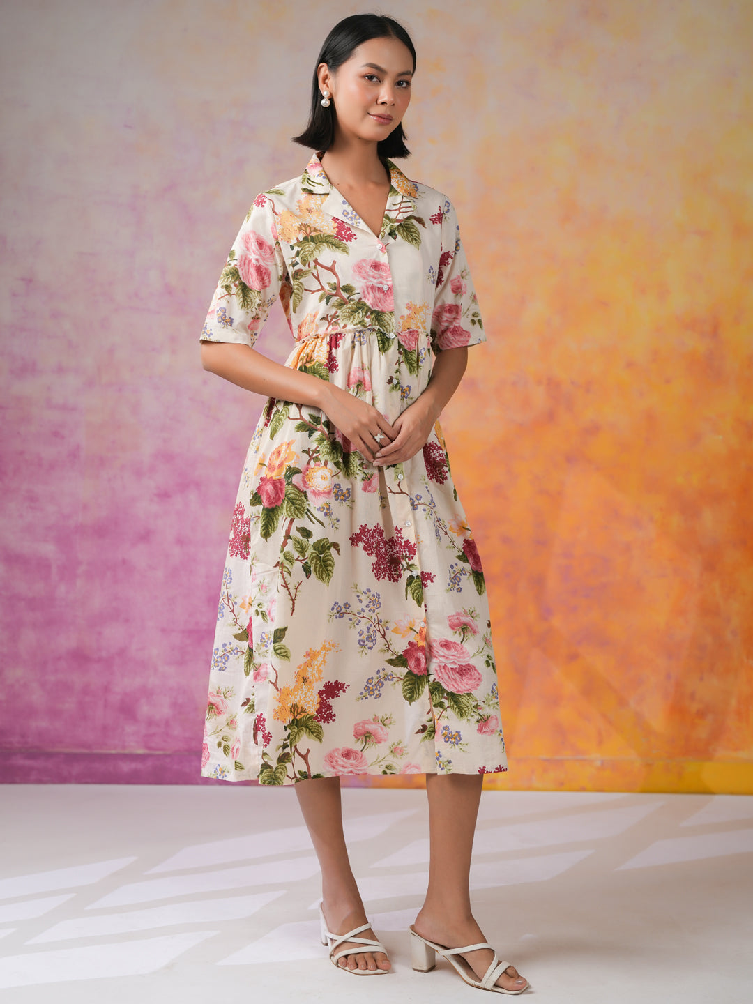 Off White Shirt Collar Floral Print Dress for Women - SanskrutiHomes