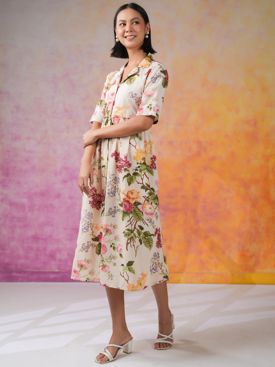 Off White Shirt Collar Floral Print Dress for Women - SanskrutiHomes