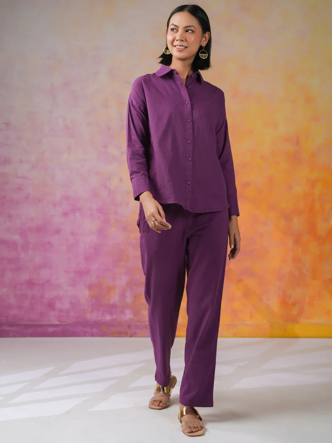 Purple Color Solid Print Cotton Co-ords Set - SanskrutiHomes