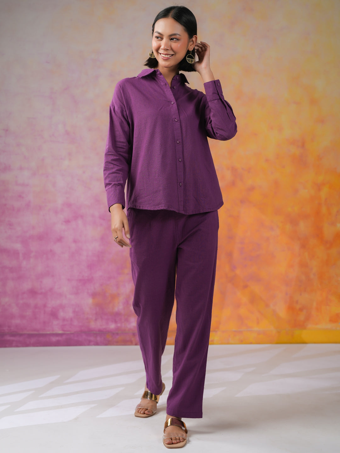 Purple Color Solid Print Cotton Co-ords Set