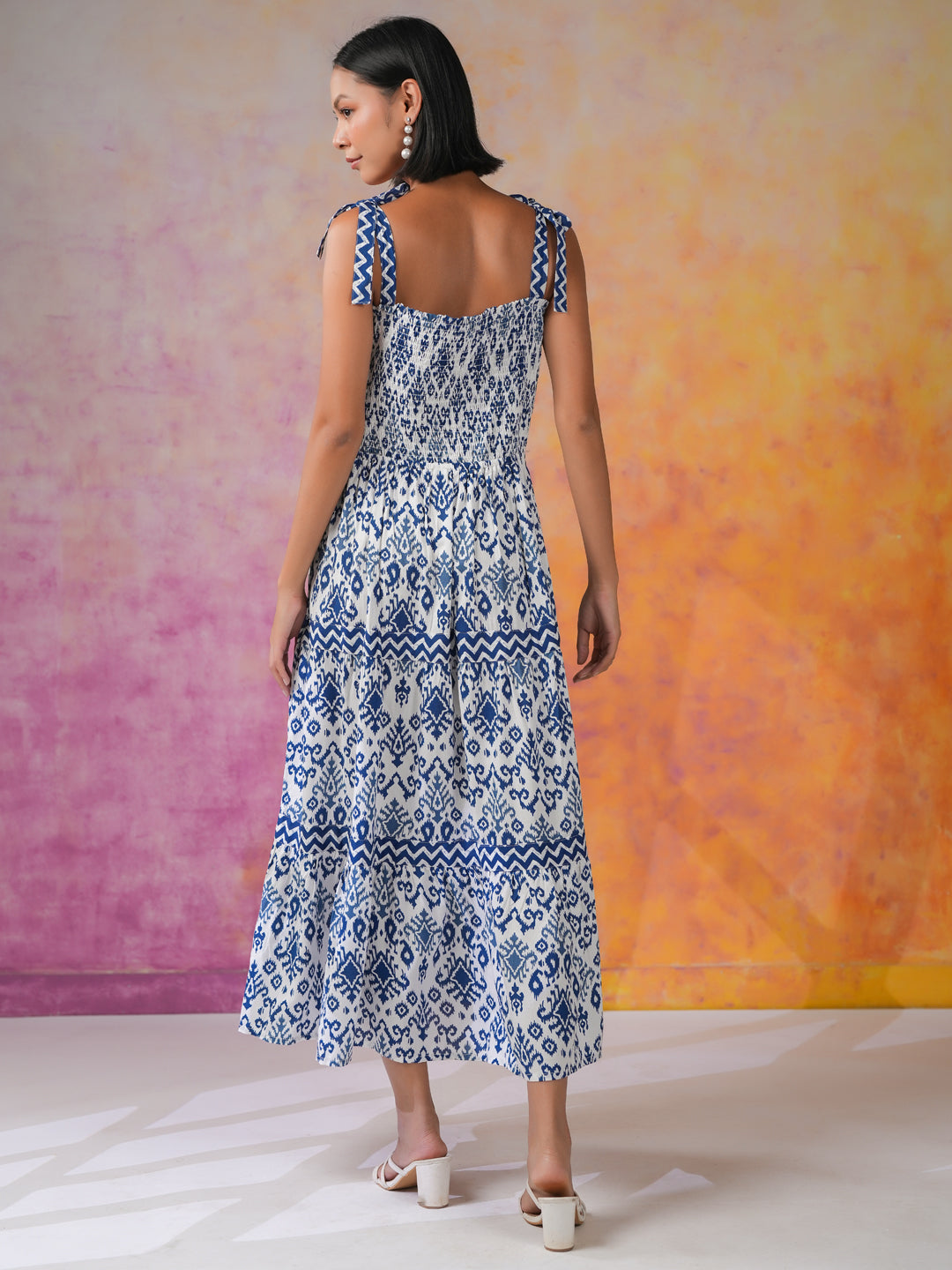 Blue Printed Square Neck Dress for Women