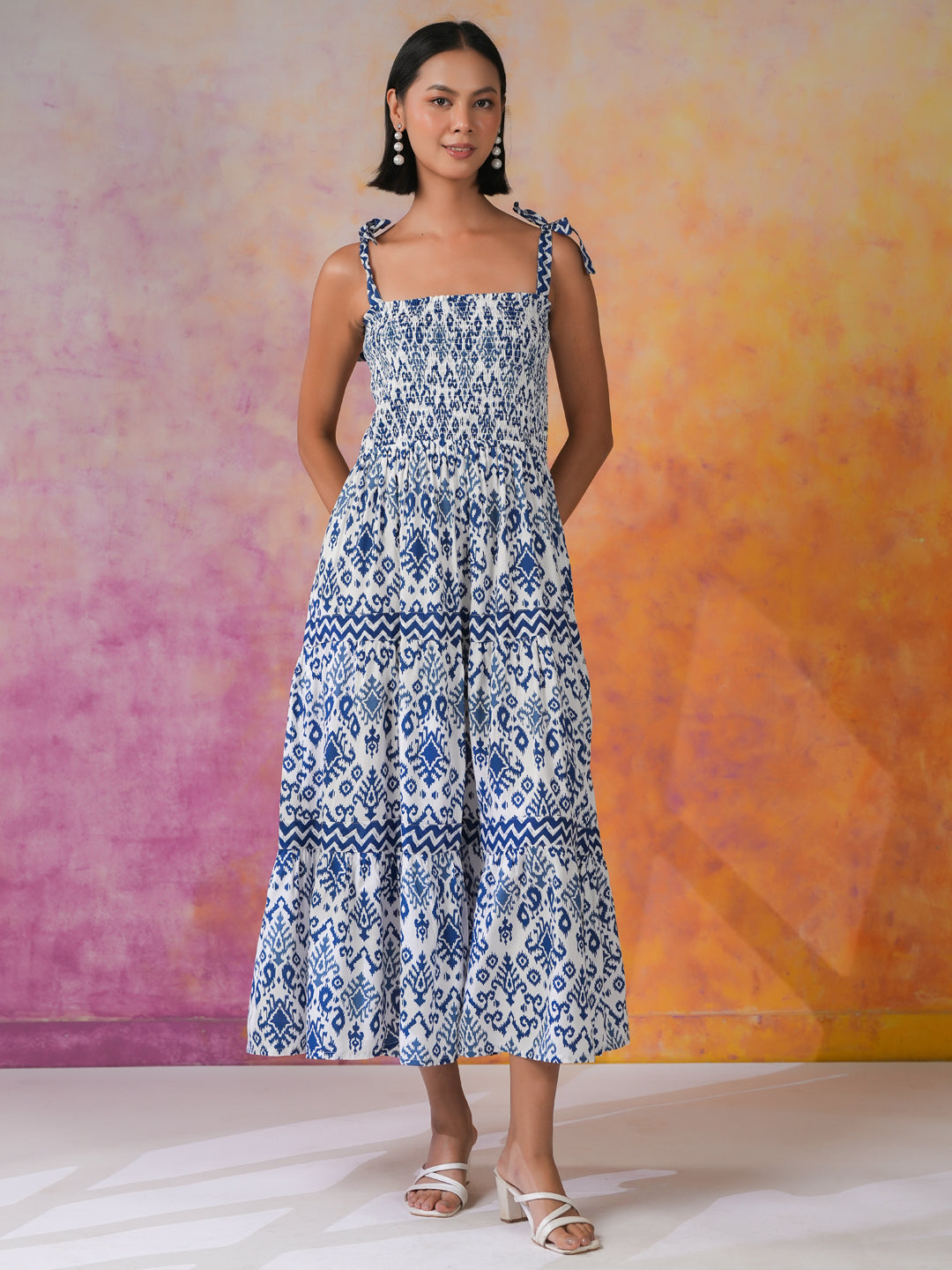 Blue Printed Square Neck Dress for Women - SanskrutiHomes