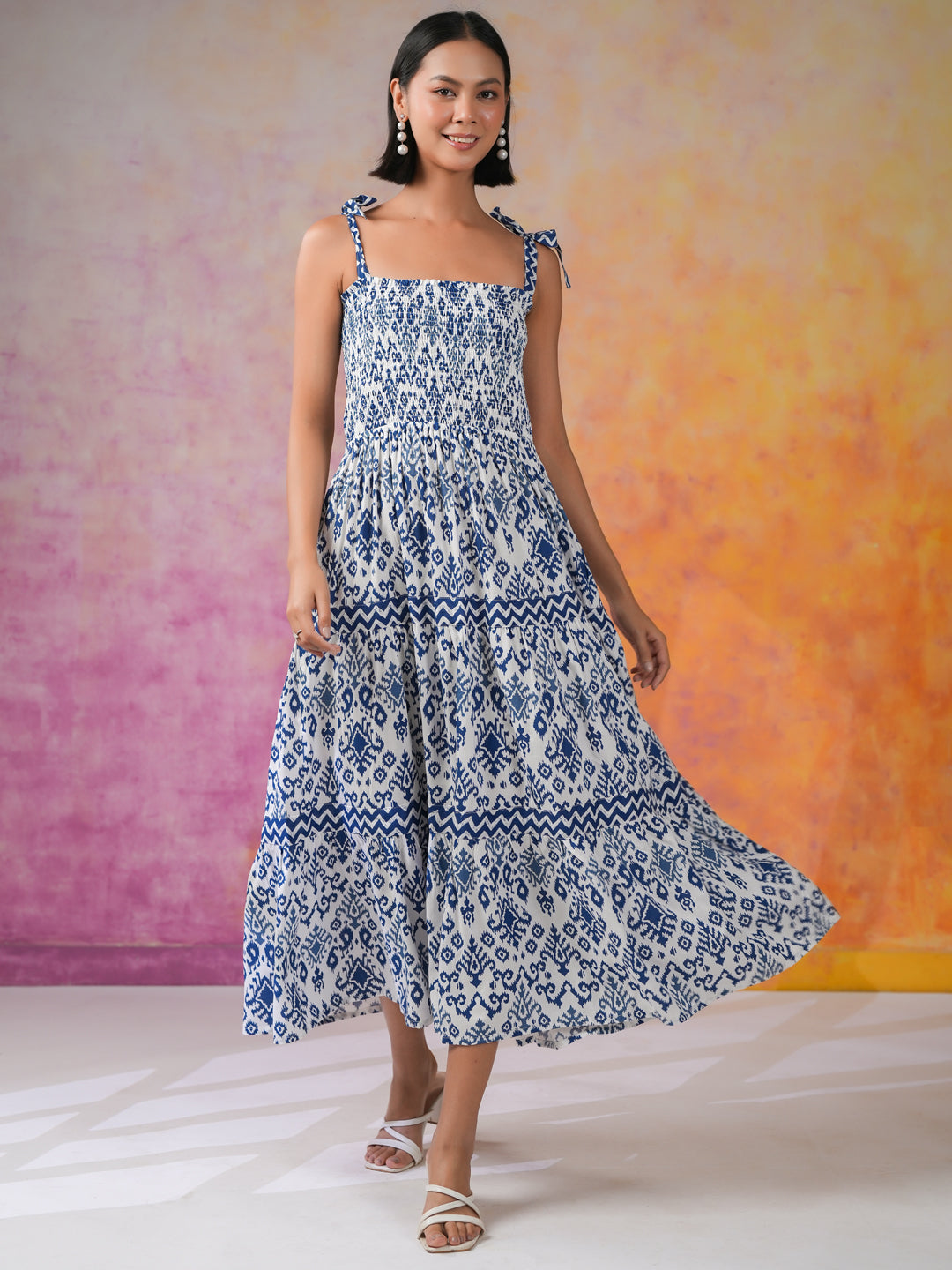 Blue Printed Square Neck Dress for Women - SanskrutiHomes