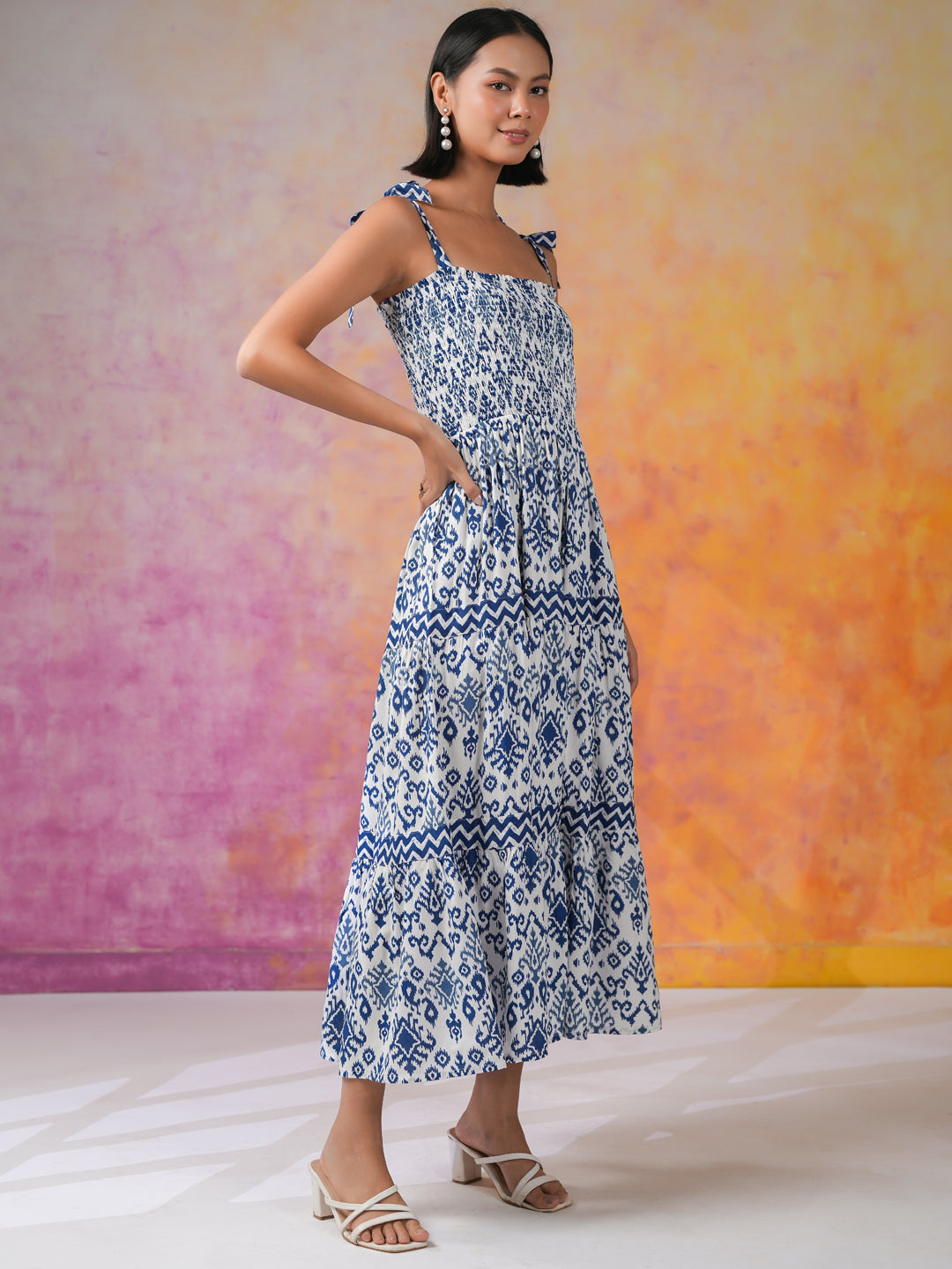 Blue Printed Square Neck Dress for Women - SanskrutiHomes