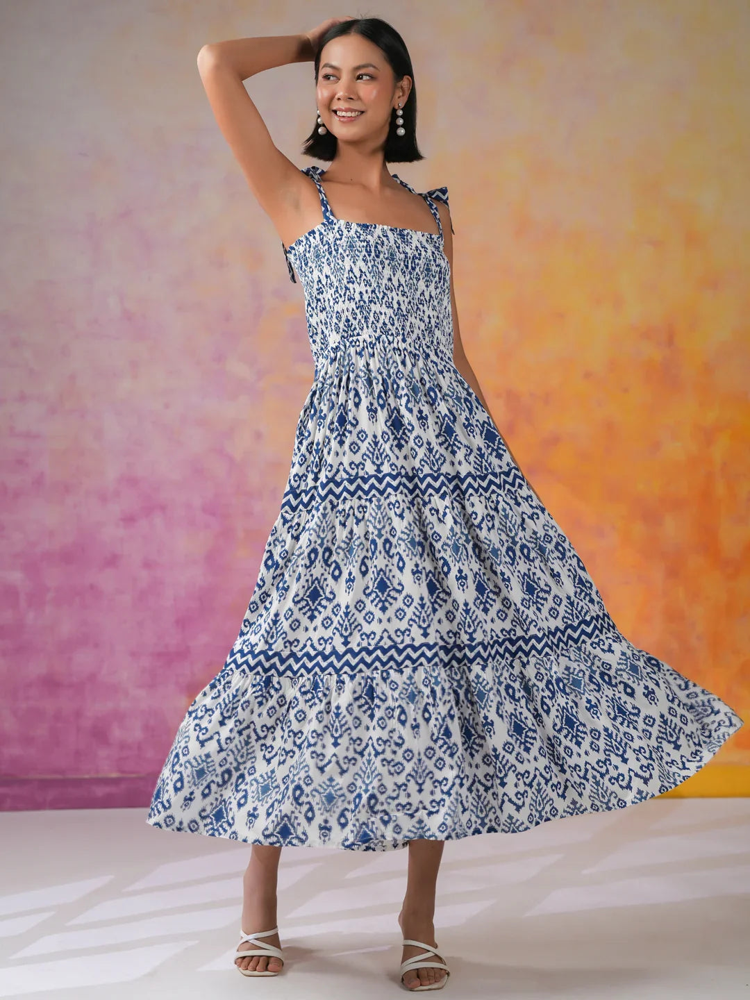 Blue Printed Square Neck Dress for Women - SanskrutiHomes